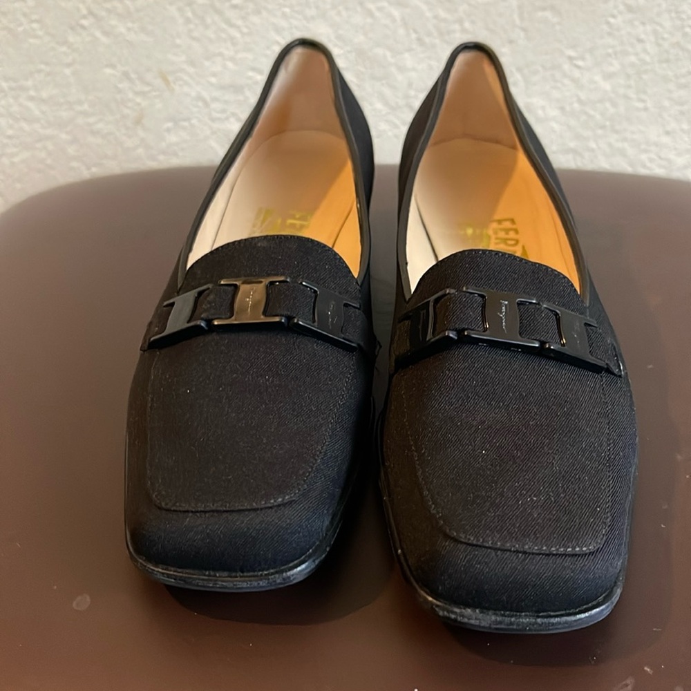 Salvatore Ferragamo Block Heel Pumps Black Fabric 6B